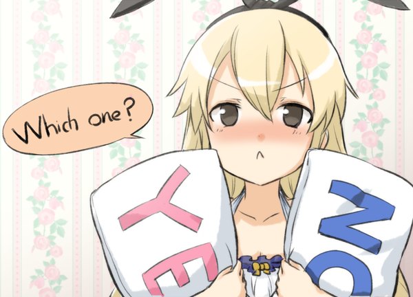 Anime picture 800x576 with kantai collection shimakaze destroyer engiyoshi single long hair looking at viewer blush blonde hair black eyes text floral print :< question yes-no pillow girl bow hair bow speech bubble