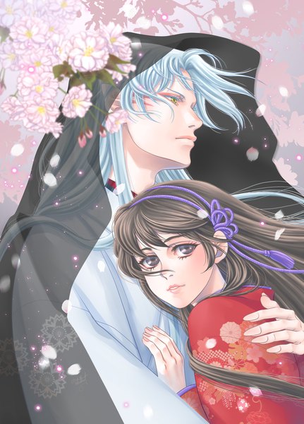 Anime picture 1200x1670 with inuyasha sesshomaru rin (inuyasha) tokiko (psychopomp) long hair tall image looking at viewer fringe brown hair brown eyes yellow eyes looking away silver hair upper body traditional clothes parted lips japanese clothes profile fingernails wind