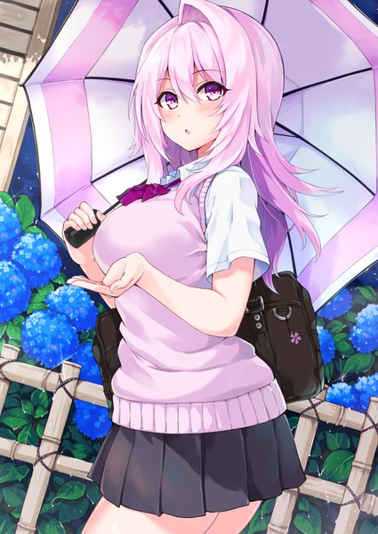 Anime-Bild 708x1000 mit cu-no yayoi sakura hisenkaede single long hair tall image looking at viewer blush fringe hair between eyes standing purple eyes holding pink hair outdoors parted lips pleated skirt girl skirt uniform