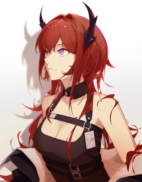 Anime picture 1242x1592 with arknights surtr (arknights) jushoro single long hair tall image fringe breasts simple background hair between eyes white background purple eyes looking away cleavage upper body red hair horn (horns) shadow girl