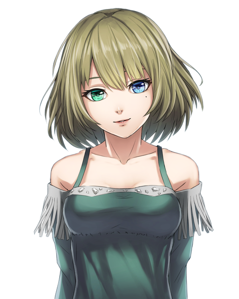Anime picture 1000x1250 with idolmaster idolmaster cinderella girls takagaki kaede sugi 214 single tall image looking at viewer short hair simple background brown hair white background bare shoulders girl