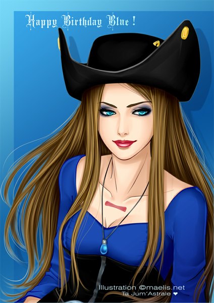 Anime picture 636x900 with m-aelis single long hair tall image blue eyes simple background lips lipstick red lipstick dark hair girl hat choker clothes
