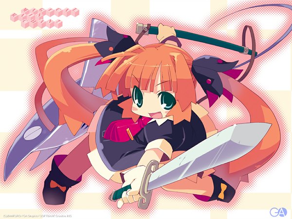 Anime picture 1024x768 with gagraphic magical rain chan zankuro single looking at viewer open mouth twintails holding green eyes very long hair orange hair dual wielding girl dress weapon sword