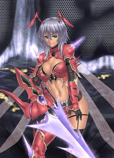 Anime picture 1446x2000 with original houtengeki single tall image short hair light erotic green eyes cleavage silver hair insect girl girl navel sword wings armor
