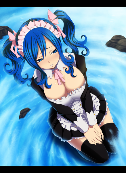 Anime picture 2784x3812 with fairy tail juvia lockser belucen single long hair tall image highres breasts blue eyes light erotic large breasts twintails blue hair from above maid kneeling coloring girl thighhighs ribbon (ribbons)