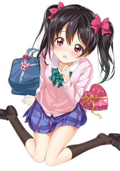 Anime picture 600x852 with love live! school idol project sunrise (studio) love live! yazawa nico kazushima single tall image looking at viewer blush fringe short hair open mouth black hair simple background hair between eyes red eyes white background sitting twintails long sleeves
