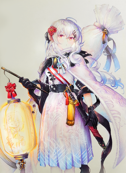 Anime picture 2040x2800 with girls frontline iws-2000 (girls frontline) rabe26k single long hair tall image looking at viewer fringe highres open mouth simple background hair between eyes red eyes standing holding payot ahoge white hair hair flower grey background