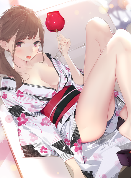 Anime picture 814x1100 with original ama mitsuki single long hair tall image looking at viewer blush fringe breasts light erotic brown hair purple eyes bare shoulders holding payot bent knee (knees) traditional clothes japanese clothes off shoulder bare legs