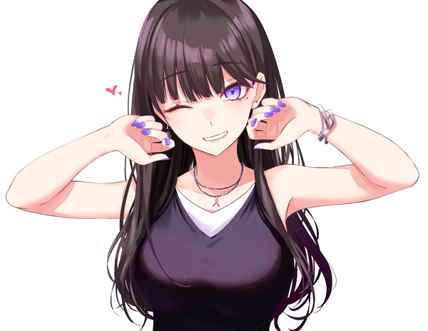 Anime picture 4096x3170 with original ichiki 1 single long hair looking at viewer fringe highres breasts open mouth black hair simple background smile large breasts white background purple eyes bare shoulders absurdres blunt bangs nail polish :d