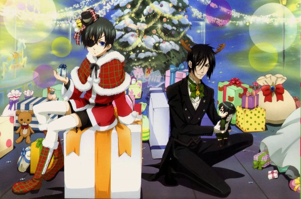 Anime picture 2000x1323 with kuroshitsuji a-1 pictures sebastian michaelis ciel phantomhive looking at viewer highres short hair blue eyes black hair red eyes sitting horn (horns) multiple boys christmas antlers butler aristocrat thighhighs boy hat