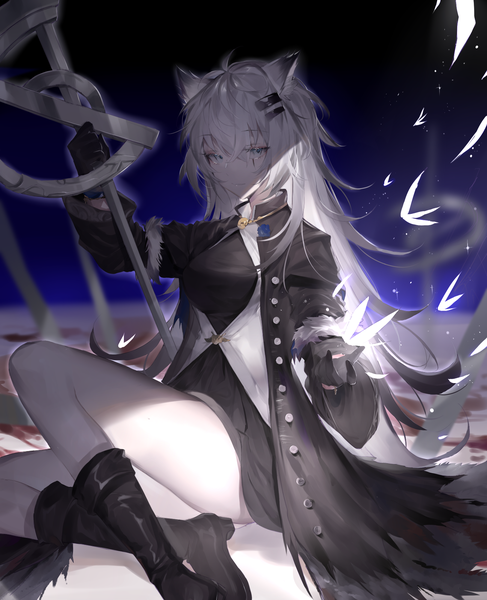 Anime picture 1625x2000 with arknights lappland (arknights) lappland (refined horrormare) (arknights) meng ziya single long hair tall image looking at viewer fringe hair between eyes sitting animal ears ahoge bent knee (knees) long sleeves parted lips light smile grey hair blurry open clothes