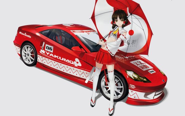 Anime picture 1500x938 with touhou hakurei reimu rokuwata tomoe single looking at viewer short hair simple background smile wide image white background brown eyes girl thighhighs skirt navel detached sleeves white thighhighs necktie umbrella ground vehicle