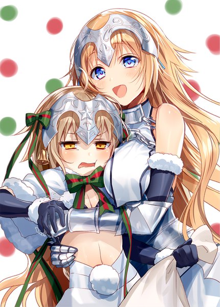 Anime picture 1075x1500 with fate (series) fate/grand order fate/apocrypha jeanne d'arc (fate) (all) jeanne d'arc (fate) jeanne d'arc alter santa lily (fate) murakami yuichi long hair tall image looking at viewer blush fringe breasts open mouth blue eyes light erotic simple background blonde hair smile hair between eyes