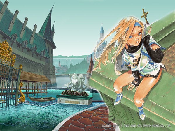 Anime picture 1024x768 with guilty gear guilty gear xx millia rage ishiwatari daisuke single long hair looking at viewer blue eyes blonde hair sitting full body from above shiny skin third-party edit between legs girl gloves detached sleeves shoes fingerless gloves
