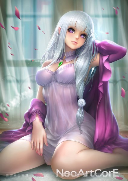 Anime picture 800x1132 with re:zero kara hajimeru isekai seikatsu white fox emilia (re:zero) nudtawut thongmai single long hair tall image looking at viewer blush fringe breasts light erotic sitting purple eyes signed cleavage silver hair indoors blunt bangs nail polish