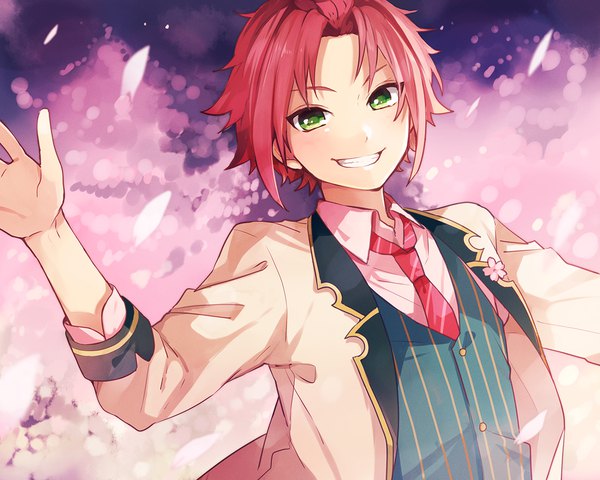 Anime picture 1200x960 with ensemble stars! isara mao tama (songe) single looking at viewer short hair smile green eyes pink hair upper body cherry blossoms boy shirt petals necktie vest