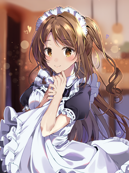 Anime picture 747x1000 with idolmaster idolmaster cinderella girls shimamura uzuki pinb single long hair tall image looking at viewer blush fringe smile hair between eyes brown hair standing holding brown eyes signed indoors blurry short sleeves