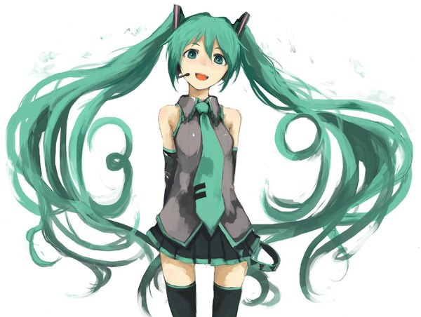 Anime picture 1060x800 with vocaloid hatsune miku kasa single long hair open mouth white background twintails bare shoulders aqua eyes aqua hair girl thighhighs skirt black thighhighs miniskirt necktie