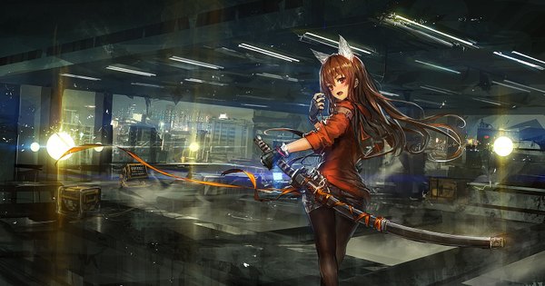 Anime picture 1600x842 with original lm7 (op-center) long hair blush open mouth red eyes brown hair wide image animal ears light girl ribbon (ribbons) weapon sword fingerless gloves katana