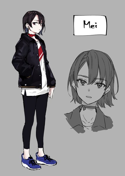 Anime picture 2976x4175 with original arisaka ako tall image looking at viewer fringe highres short hair black hair simple background hair between eyes standing full body upper body parted lips black eyes grey background open jacket character names multiview hand in pocket