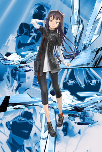 Anime picture 1098x1627 with guilty crown production i.g tsugumi single long hair tall image looking at viewer black hair smile animal ears black eyes cat ears girl shirt shoes jacket leggings