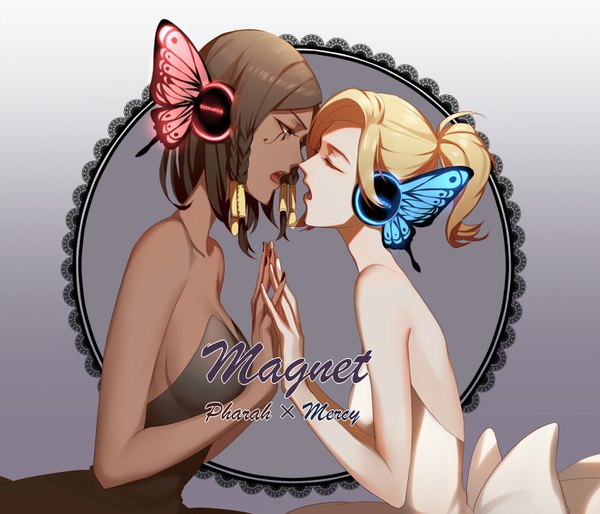 Anime picture 1400x1200 with overwatch blizzard entertainment magnet (vocaloid) mercy (overwatch) pharah (overwatch) asd13 short hair open mouth blonde hair brown hair bare shoulders multiple girls ponytail eyes closed profile character names dark skin facial mark holding hands shoujo ai