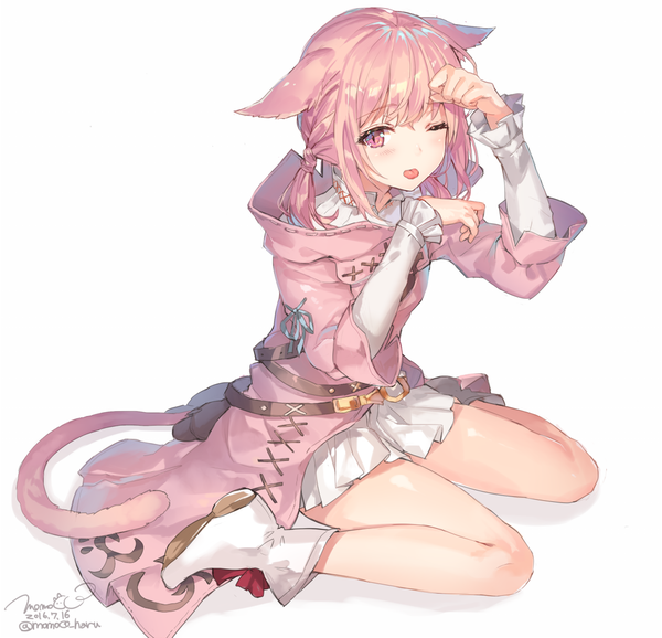 Anime picture 1100x1061 with final fantasy final fantasy xiv square enix miqo'te momoko (momopoco) single long hair looking at viewer blush fringe simple background white background sitting twintails signed animal ears payot pink hair full body bent knee (knees)