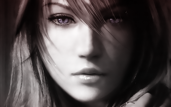 Anime picture 2880x1800 with final fantasy final fantasy xiii square enix lightning farron single looking at viewer fringe highres wide image purple eyes game cg lips hair over one eye realistic monochrome close-up face girl