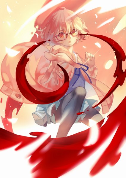 Anime picture 1000x1414 with kyoukai no kanata kyoto animation kuriyama mirai joseph lee single tall image short hair open mouth blonde hair orange eyes girl uniform school uniform pantyhose glasses black pantyhose blood