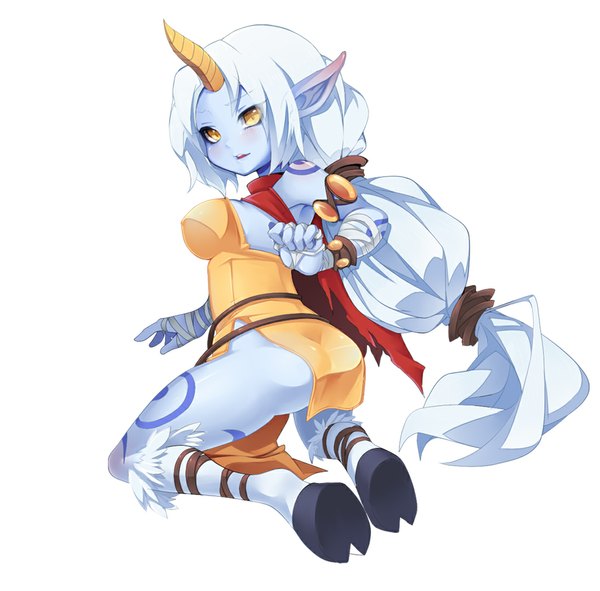 Anime picture 1095x1080 with league of legends soraka (league of legends) kaka cheung single looking at viewer blush breasts light erotic large breasts white background yellow eyes white hair ponytail very long hair horn (horns) pointy ears tattoo girl