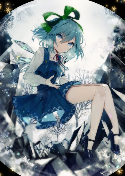 Anime picture 2104x2976 with touhou cirno renkarua single tall image looking at viewer fringe highres short hair blue eyes hair between eyes blue hair full body bent knee (knees) high heels legs exhalation bare tree girl dress