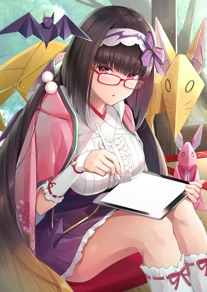 Anime picture 800x1130 with fate (series) fate/grand order osakabe-hime (fate/grand order) umihotaru harumare single tall image looking at viewer fringe breasts open mouth black hair hair between eyes red eyes large breasts sitting holding bent knee (knees) very long hair :o depth of field