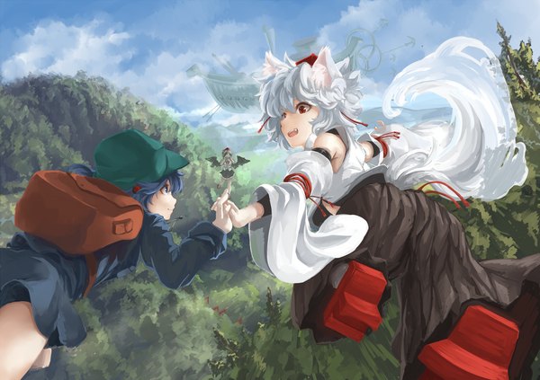 Anime picture 1100x777 with touhou shameimaru aya inubashiri momiji kawashiro nitori rikkido short hair open mouth red eyes bare shoulders multiple girls animal ears blue hair sky cloud (clouds) white hair holding hands mountain wolf ears wolf tail wolf girl