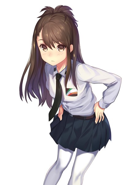 Anime picture 1265x1789 with girls und panzer amaretto (girls und panzer) kagematsuri single long hair tall image looking at viewer blush fringe simple background hair between eyes brown hair standing white background brown eyes long sleeves pleated skirt leaning leaning forward hands on hips