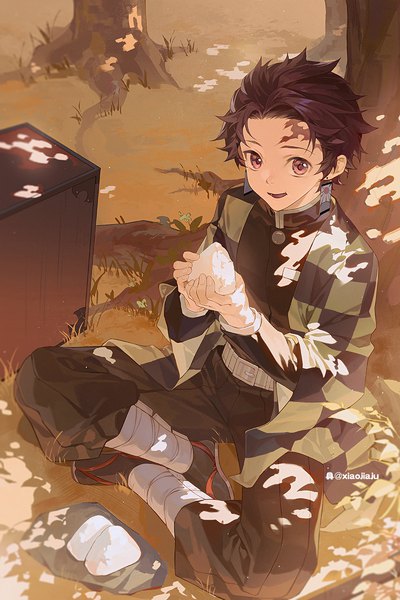 Anime picture 900x1350 with kimetsu no yaiba ufotable kamado tanjirou xiaojiaju single tall image short hair brown hair sitting signed outdoors traditional clothes japanese clothes pink eyes from above scar checkered indian style boy uniform