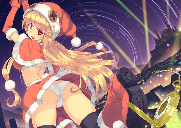Anime picture 1054x746 with original sumaki shungo single long hair open mouth light erotic blonde hair red eyes ass soles girl thighhighs underwear panties black thighhighs miniskirt boots clock santa claus hat mantle