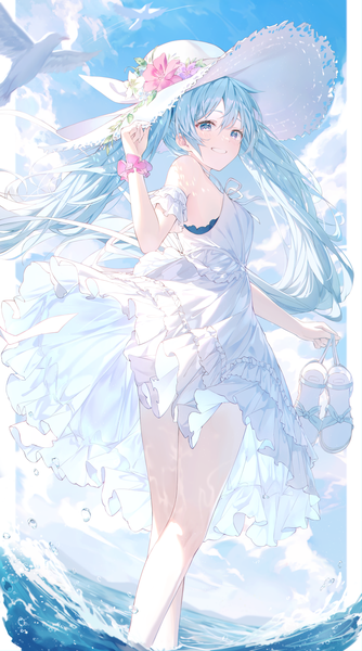Anime picture 1546x2774 with vocaloid hatsune miku backlup single long hair tall image looking at viewer fringe blue eyes smile hair between eyes twintails blue hair sky cloud (clouds) outdoors looking back grin partially submerged adjusting hat