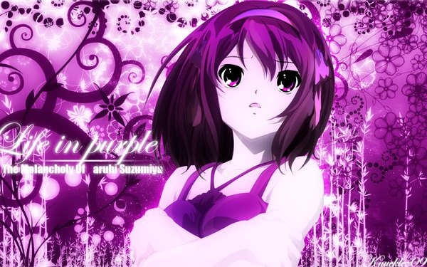 Anime picture 1920x1200 with suzumiya haruhi no yuutsu kyoto animation suzumiya haruhi highres wide image purple background multicolored girl