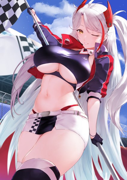 Anime picture 2894x4093 with azur lane prinz eugen (azur lane) prinz eugen (final lap) (azur lane) nenma single tall image looking at viewer blush fringe highres breasts light erotic smile standing holding brown eyes sky silver hair cloud (clouds) ahoge