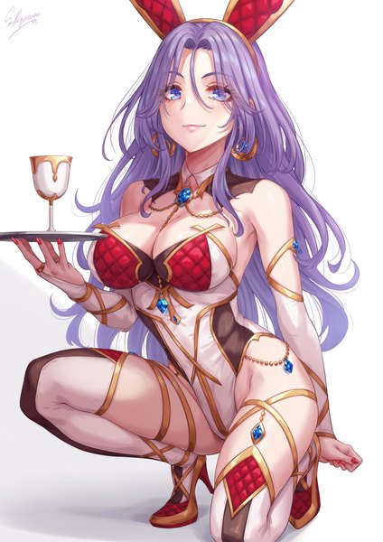 Anime picture 1500x2121 with original sakiyamama single long hair tall image looking at viewer blush fringe breasts blue eyes light erotic simple background hair between eyes large breasts white background holding signed animal ears cleavage purple hair
