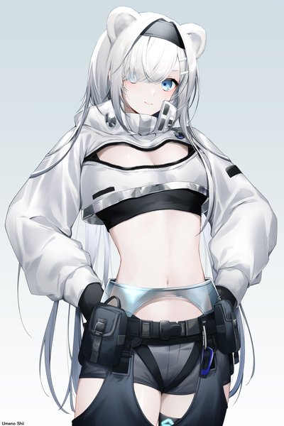 Anime picture 799x1200 with arknights aurora (arknights) umeno shii single long hair tall image looking at viewer fringe blue eyes light erotic simple background standing animal ears silver hair hair over one eye midriff gradient background cleavage cutout hands on hips bear ears