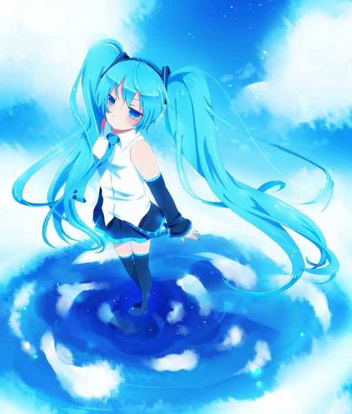 Anime picture 1150x1350 with vocaloid hatsune miku kurone roku single long hair tall image blue eyes twintails blue hair girl skirt detached sleeves miniskirt necktie thigh boots