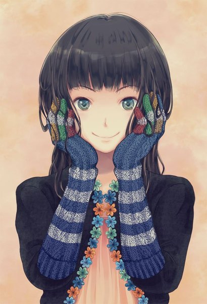 Anime picture 547x800 with original otoufu single long hair tall image looking at viewer fringe black hair simple background smile green eyes open clothes open jacket messy hair hand on cheek hands on face girl gloves elbow gloves jacket