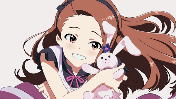 Anime picture 2560x1440 with idolmaster minase iori negativezero single long hair blush highres simple background smile red eyes brown hair wide image white background vector girl hairband toy stuffed animal bunny