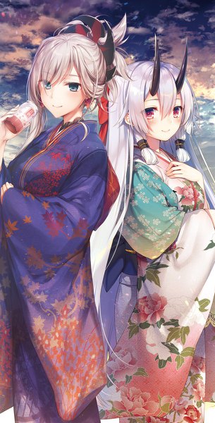 Anime picture 610x1200 with fate (series) fate/grand order miyamoto musashi (fate) tomoe gozen (fate) komeshiro kasu long hair tall image blush blue eyes red eyes standing multiple girls sky silver hair cloud (clouds) very long hair traditional clothes japanese clothes horn (horns) light smile