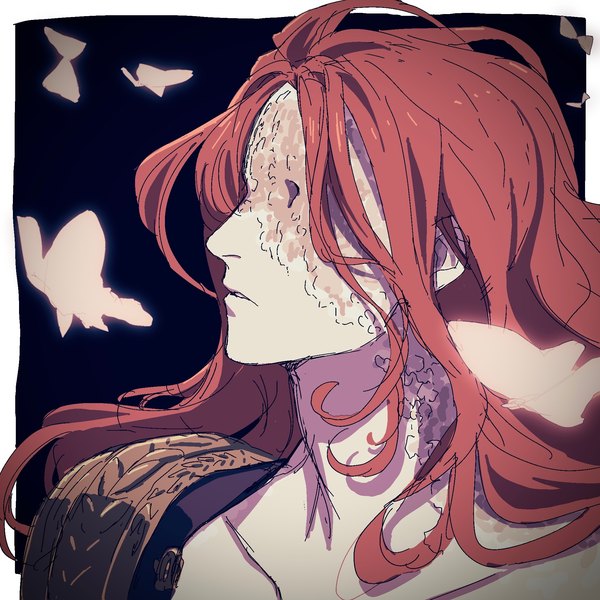 Anime picture 2048x2048 with elden ring malenia blade of miquella malenia goddess of rot nayaman single long hair highres simple background red hair border face outside border girl insect butterfly