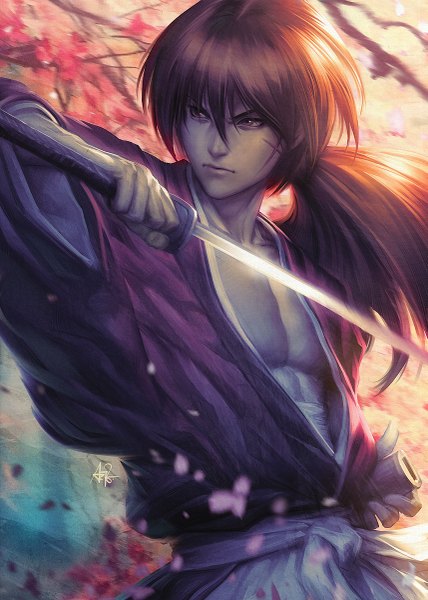 Anime picture 857x1200 with rurouni kenshin himura kenshin artgerm (stanley lau) single long hair tall image hair between eyes brown hair brown eyes signed looking away ponytail traditional clothes japanese clothes realistic cherry blossoms scar fighting stance boy weapon