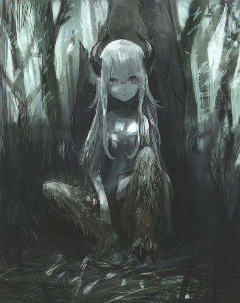 Anime picture 800x1008 with original toi (number8) single long hair tall image looking at viewer fringe hair between eyes sitting outdoors white hair horn (horns) grey eyes monochrome surprised monster girl girl plant (plants) tree (trees) forest