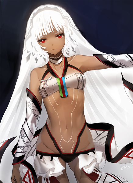 Anime picture 780x1073 with fate (series) fate/grand order altera (fate) emyo single tall image looking at viewer fringe short hair breasts light erotic red eyes standing bare shoulders signed white hair blunt bangs very long hair head tilt bare belly