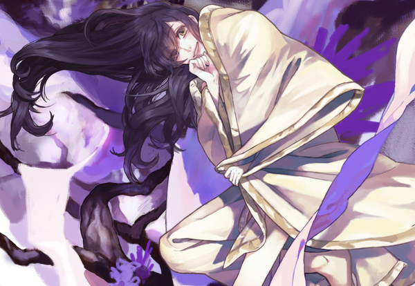 Anime picture 1280x885 with original pixiv fantasia pixiv fantasia v nishihara isao single long hair looking at viewer fringe black hair smile brown eyes lying from above hair over one eye covering girl